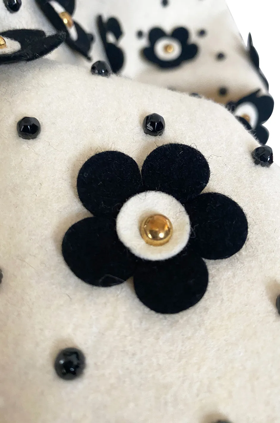 Extraordinary 1970s Adolfo Ivory Felt Wrap Skirt w Gold Filigree Studs & 3D Flower Detailing