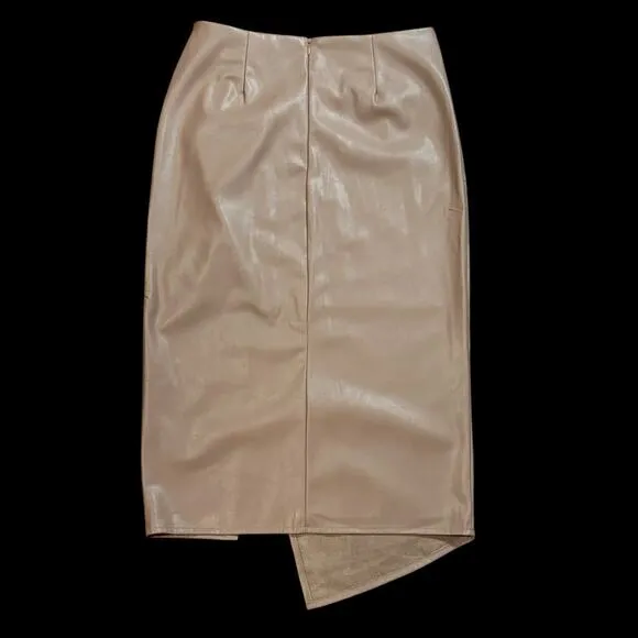 Fab'rik Womens Mocha Mousse Tan Vegan Leather Faux Wrap Bodycon Midi Skirt Large