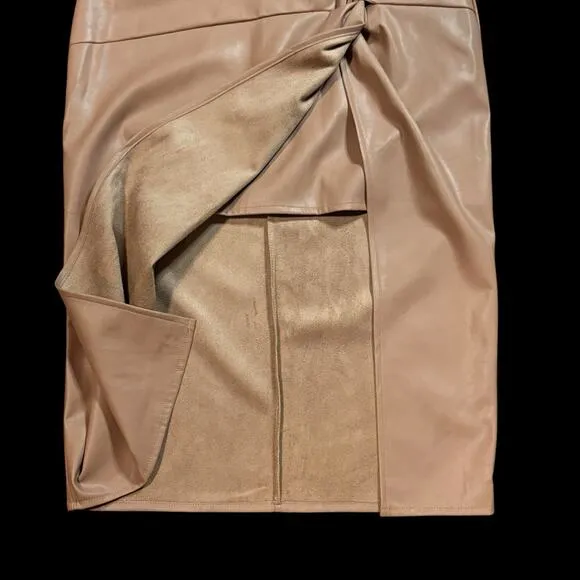 Fab'rik Womens Mocha Mousse Tan Vegan Leather Faux Wrap Bodycon Midi Skirt Large