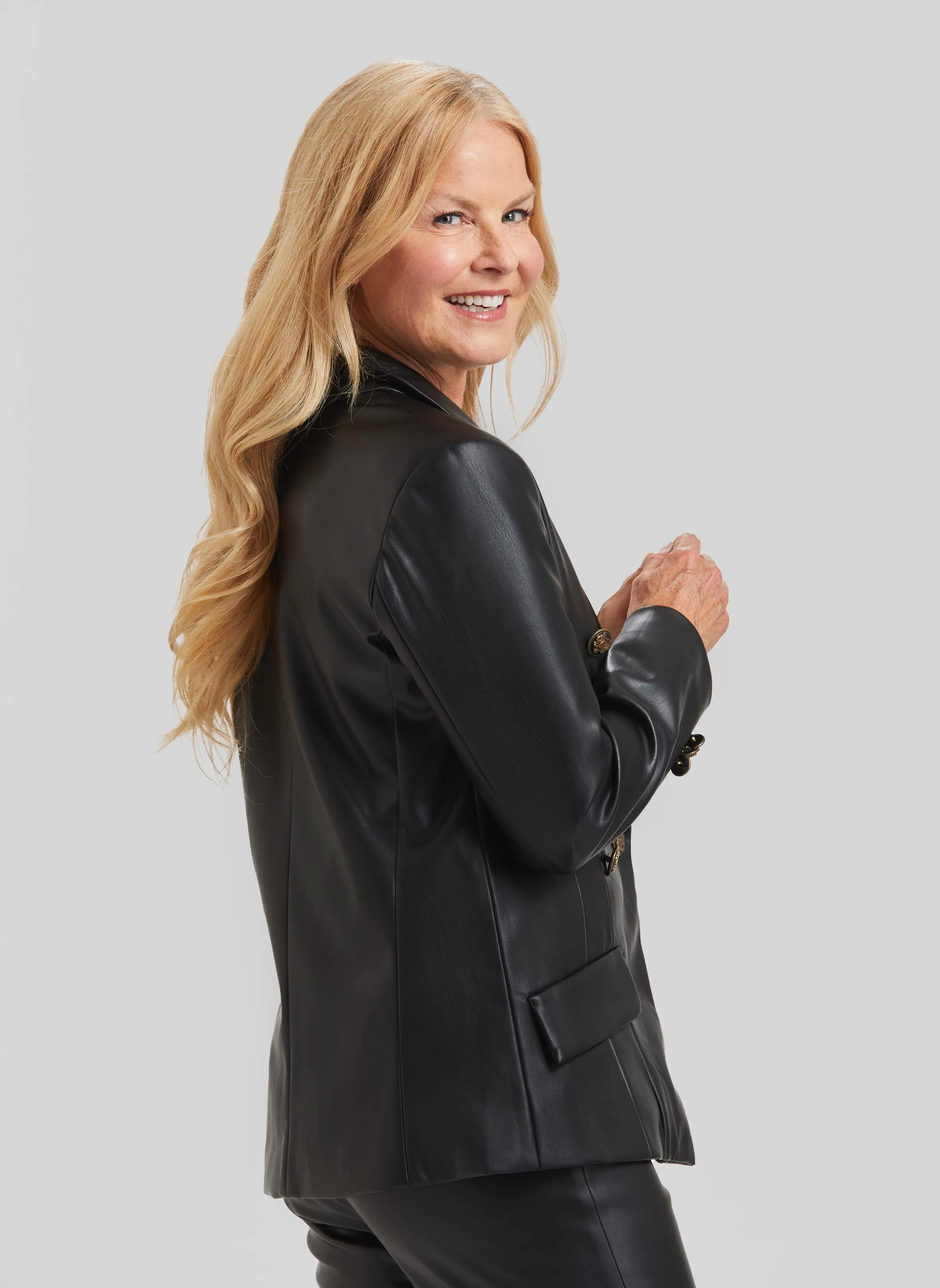 Faux Leather Steely 1 Button Faux DB Jacket- FINAL SALE