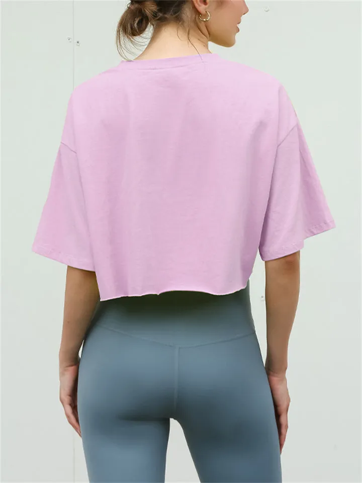 Female Solid Color Round Neck Sporty Cropped T-shirts