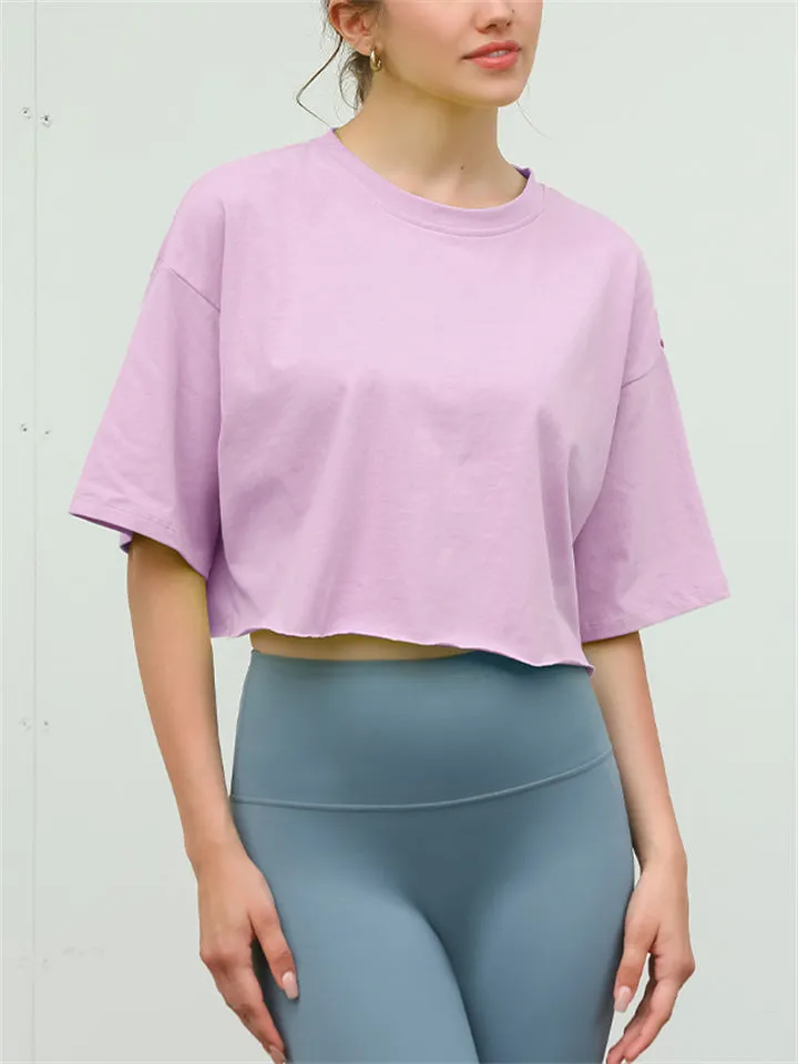 Female Solid Color Round Neck Sporty Cropped T-shirts