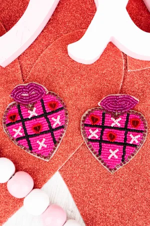Fuchsia Love Tic-Tac-Toe Heart Seed Bead Earrings