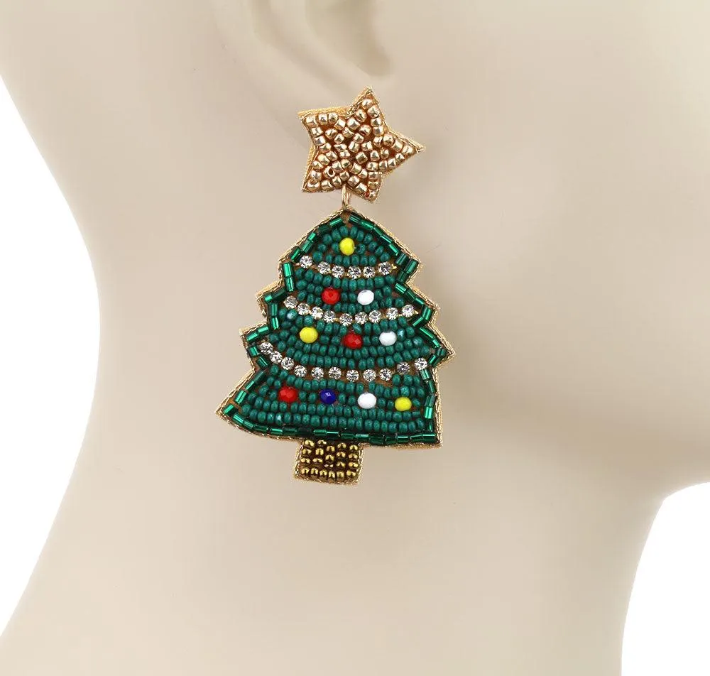 Gold Star Beaded Christmas Tree Earrings