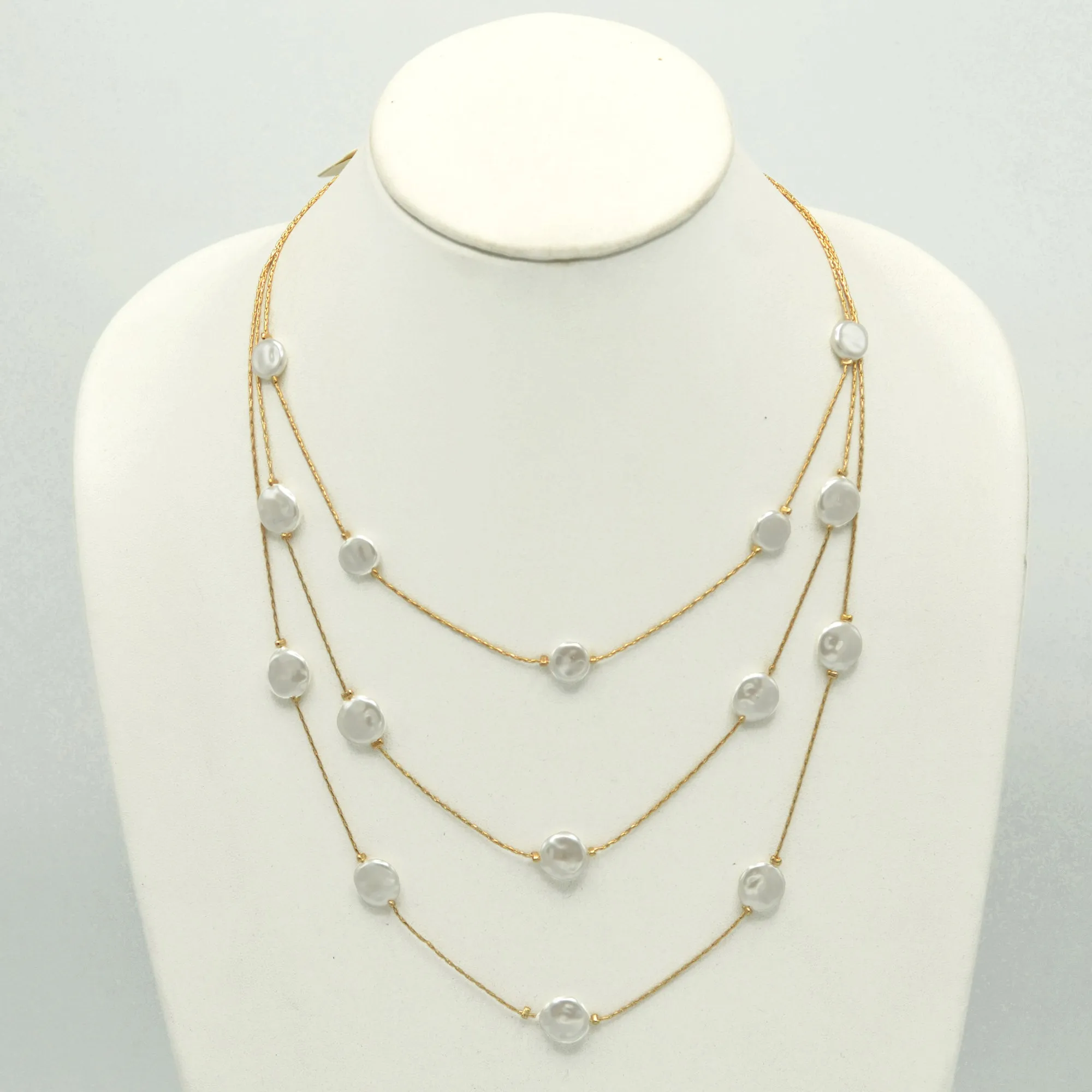 Gold Three row pearl necklace and earrings set #SQTDJ0004 (OG8)