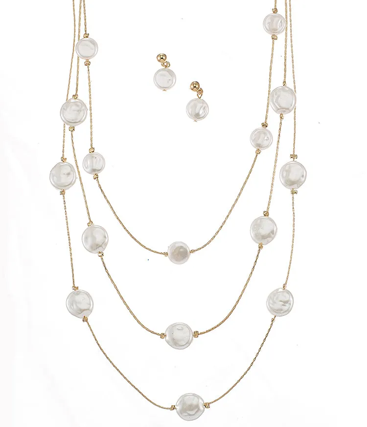 Gold Three row pearl necklace and earrings set #SQTDJ0004 (OG8)