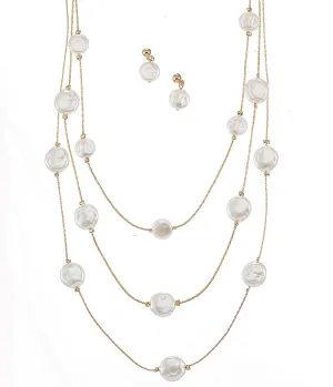 Gold Three row pearl necklace and earrings set #SQTDJ0004 (OG8)