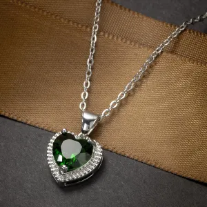 Green Crystal & Silver-Plated Heart Pendant Necklace