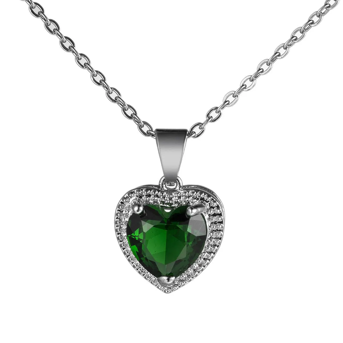 Green Crystal & Silver-Plated Heart Pendant Necklace