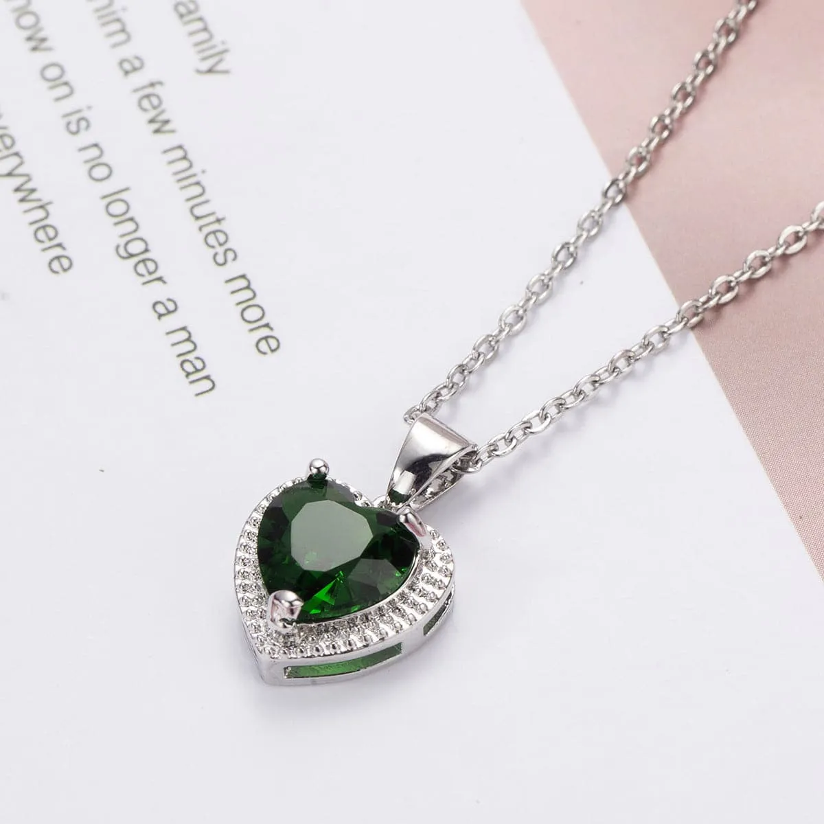 Green Crystal & Silver-Plated Heart Pendant Necklace