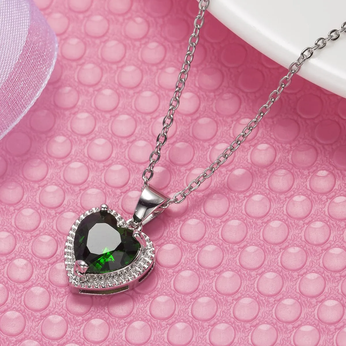 Green Crystal & Silver-Plated Heart Pendant Necklace