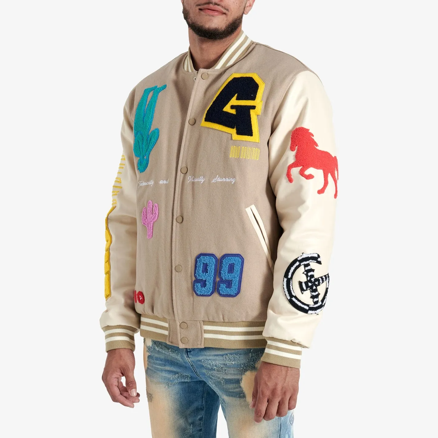 IT'S COMPLICATED VARSITY JACKET (PALE KHAKI/PEARL)
