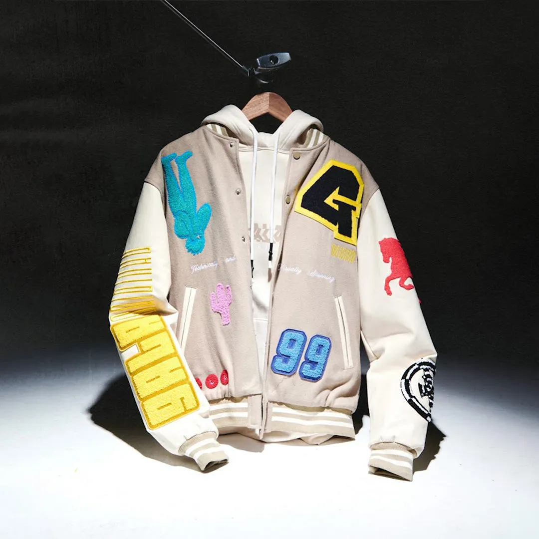 IT'S COMPLICATED VARSITY JACKET (PALE KHAKI/PEARL)