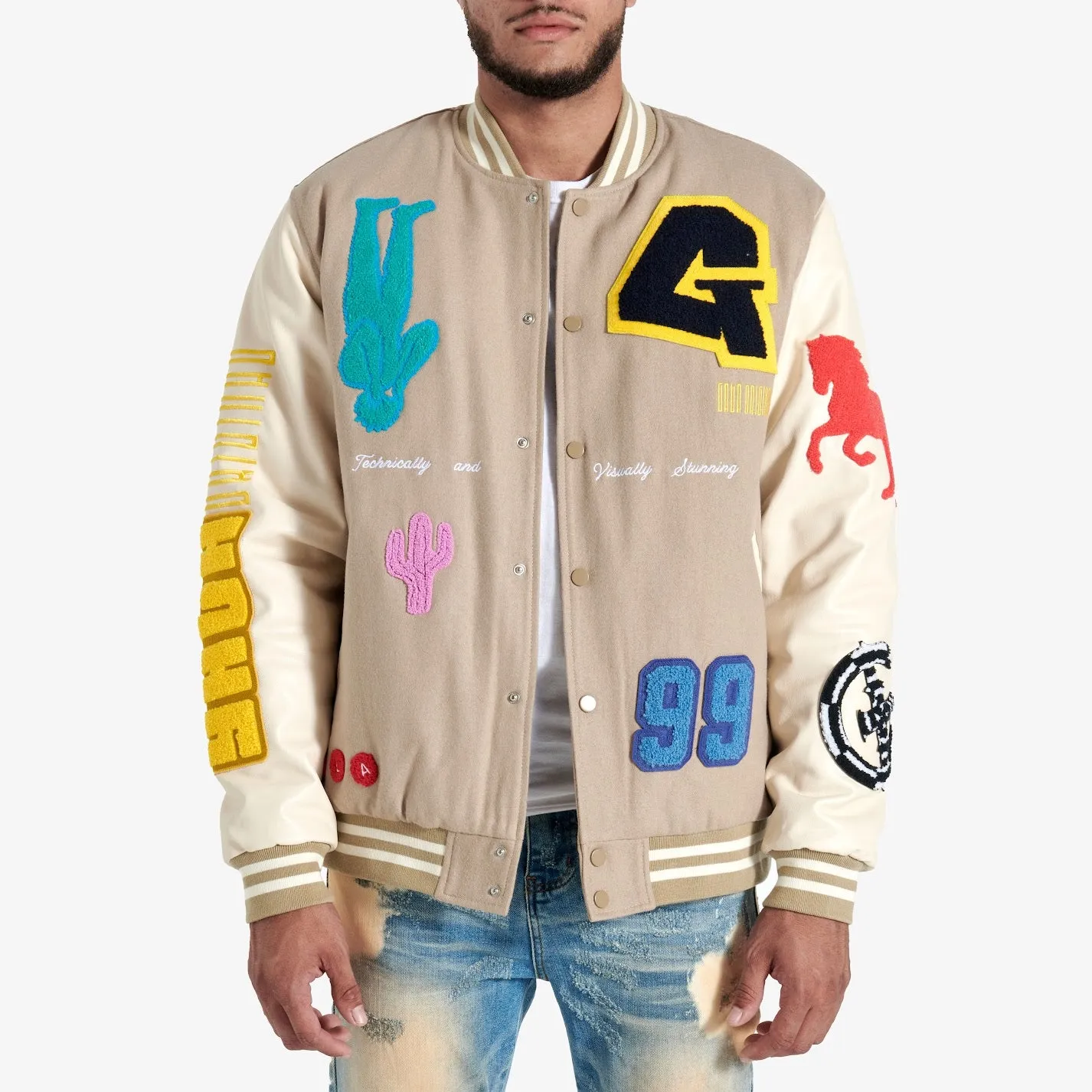 IT'S COMPLICATED VARSITY JACKET (PALE KHAKI/PEARL)