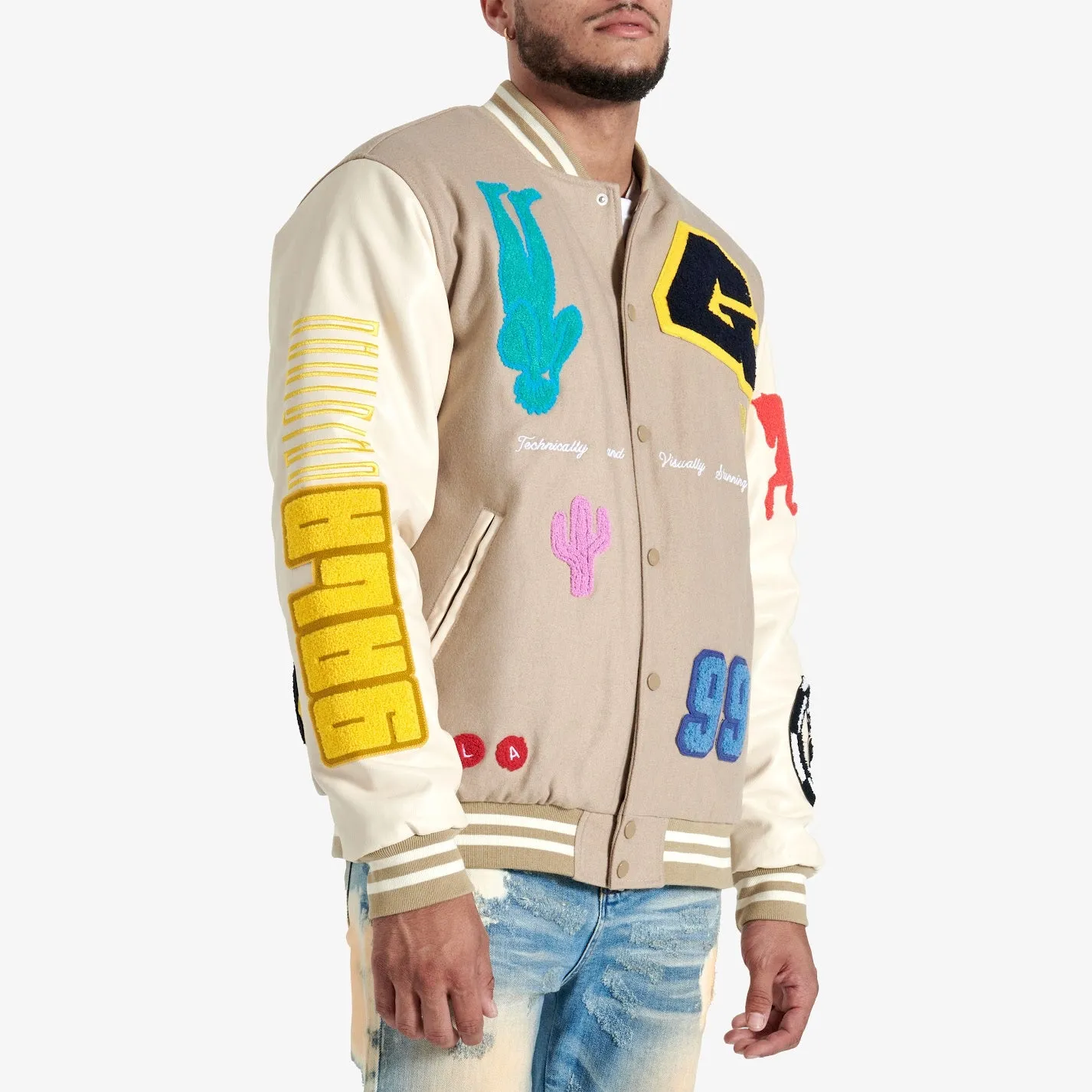 IT'S COMPLICATED VARSITY JACKET (PALE KHAKI/PEARL)