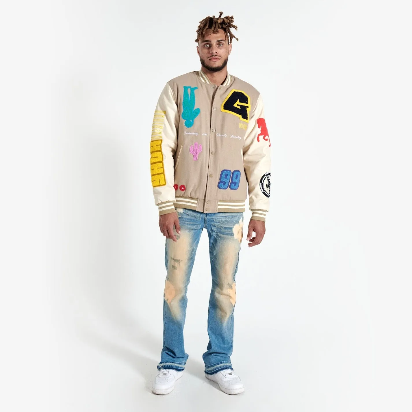 IT'S COMPLICATED VARSITY JACKET (PALE KHAKI/PEARL)