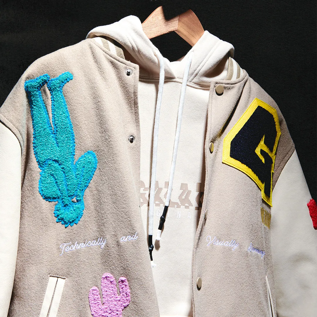 IT'S COMPLICATED VARSITY JACKET (PALE KHAKI/PEARL)