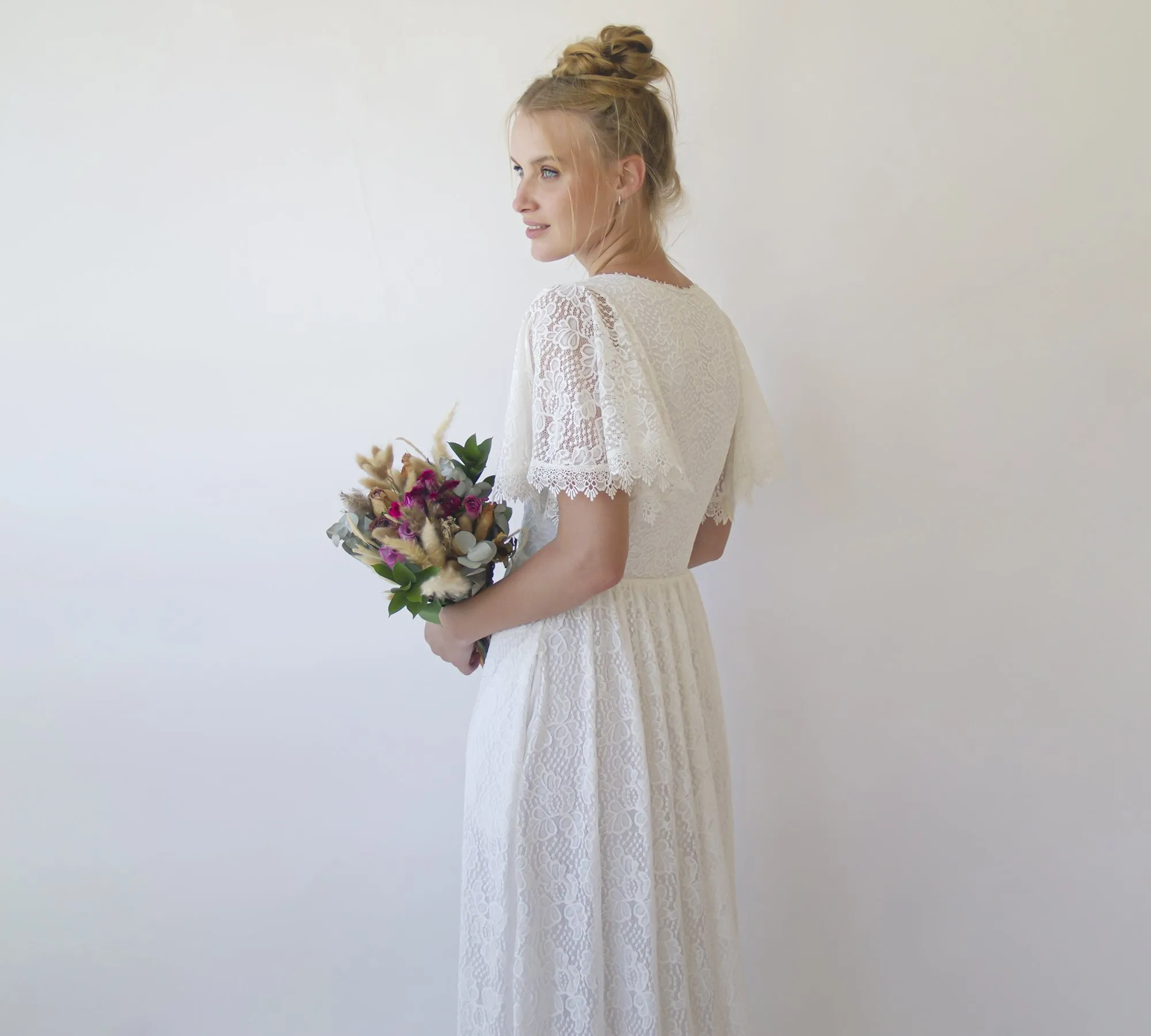 Ivory fairy lace bohemian wedding dress with pockets #1345