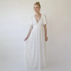 Ivory fairy lace bohemian wedding dress with pockets #1345