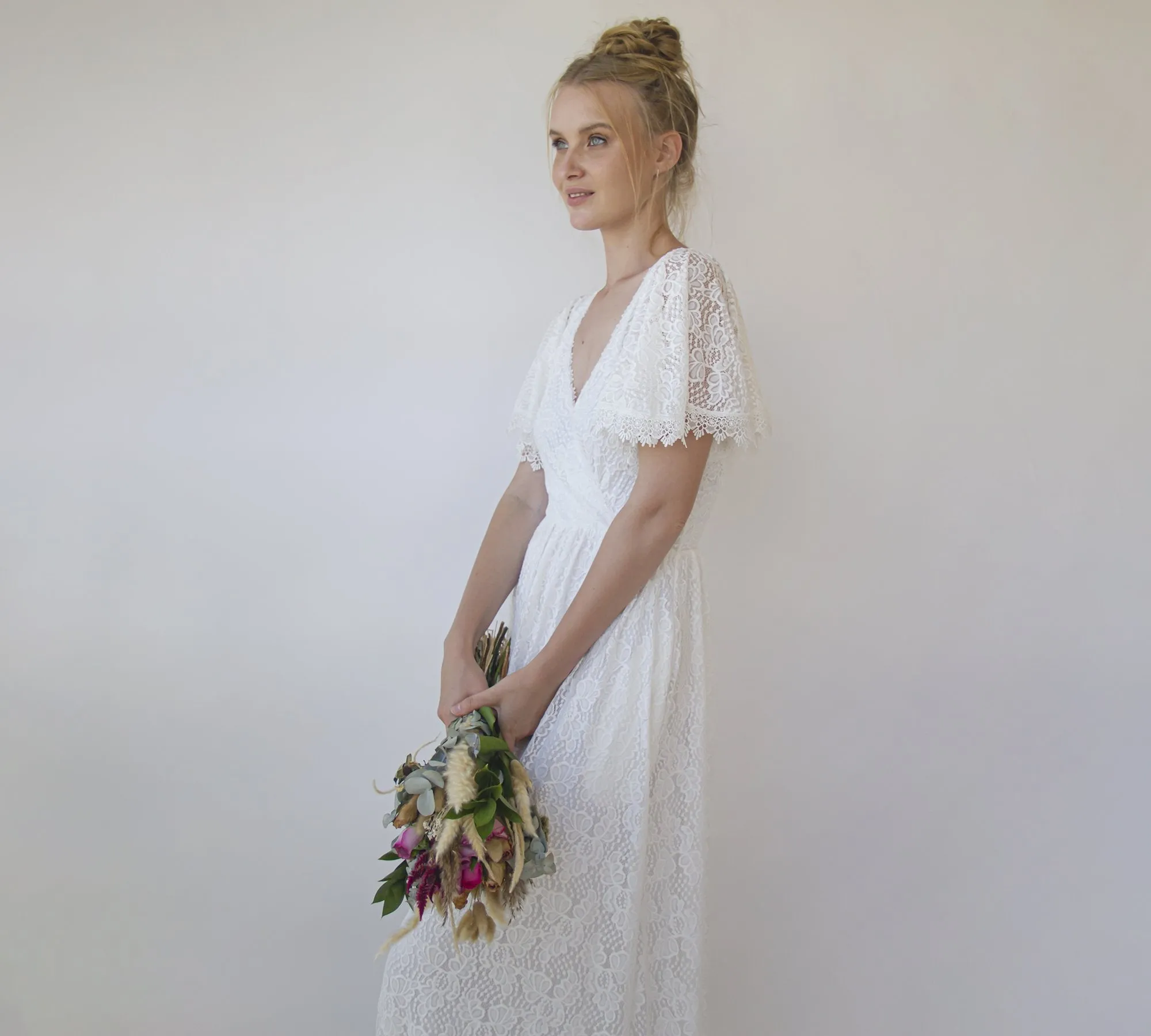Ivory fairy lace bohemian wedding dress with pockets #1345