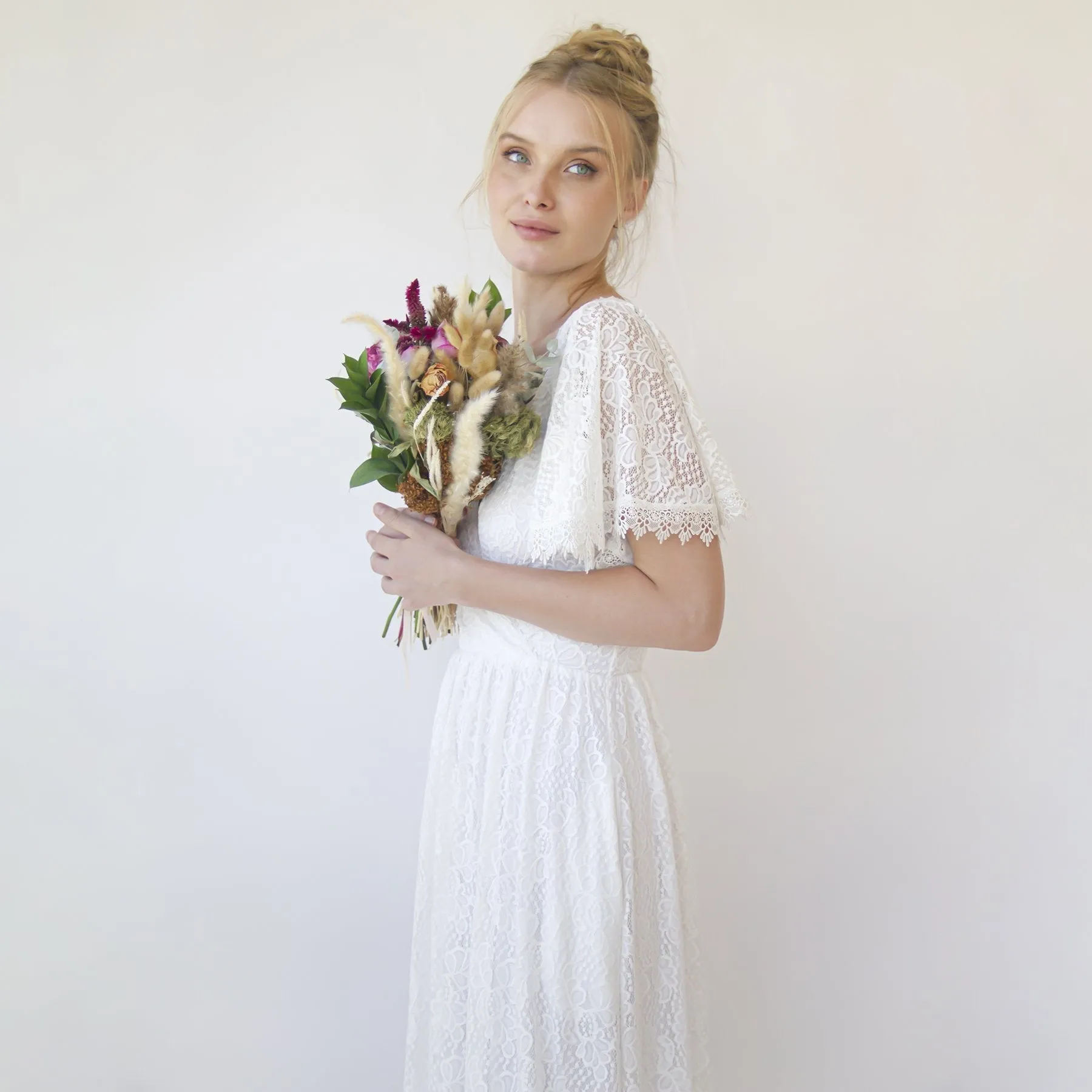 Ivory fairy lace bohemian wedding dress with pockets #1345