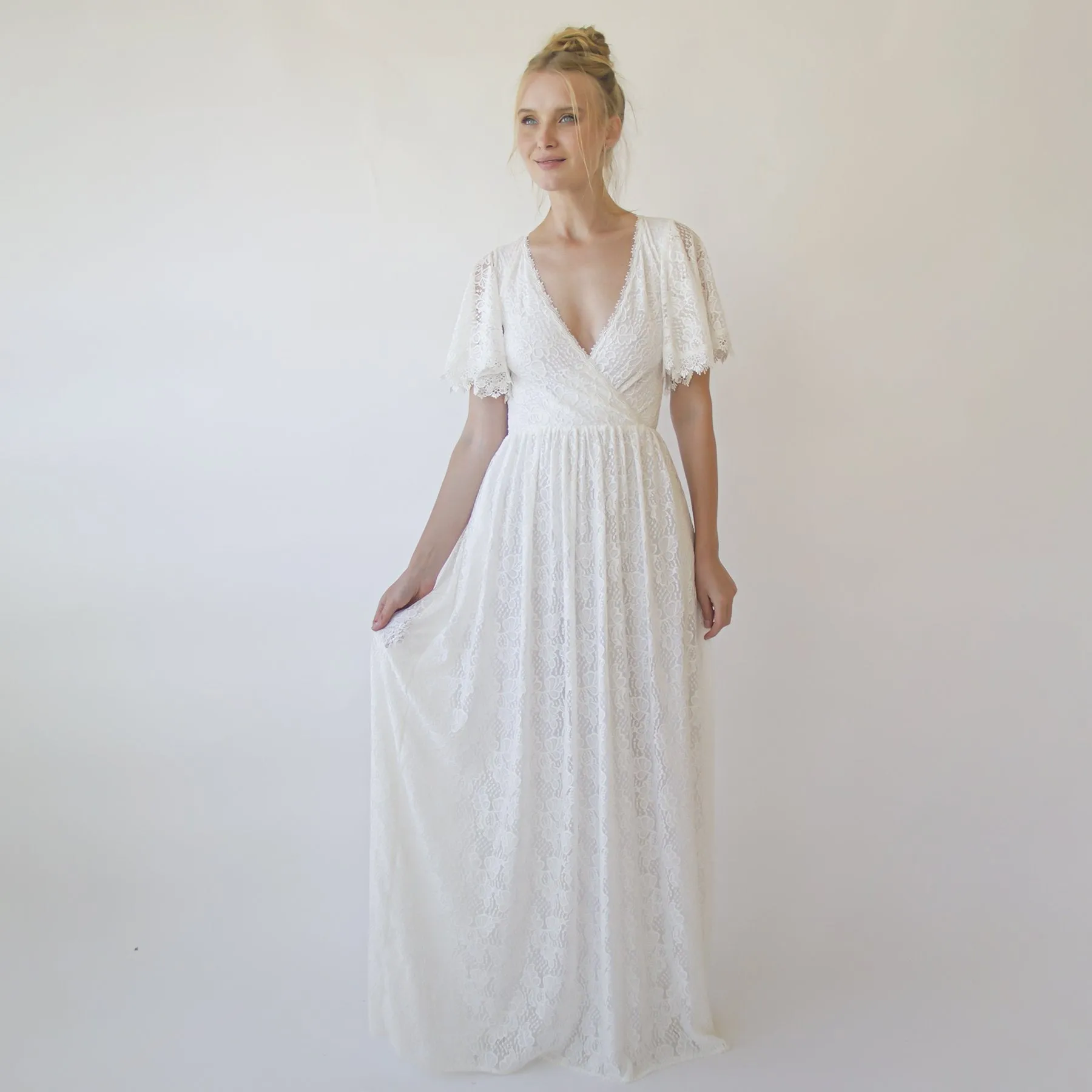 Ivory fairy lace bohemian wedding dress with pockets #1345
