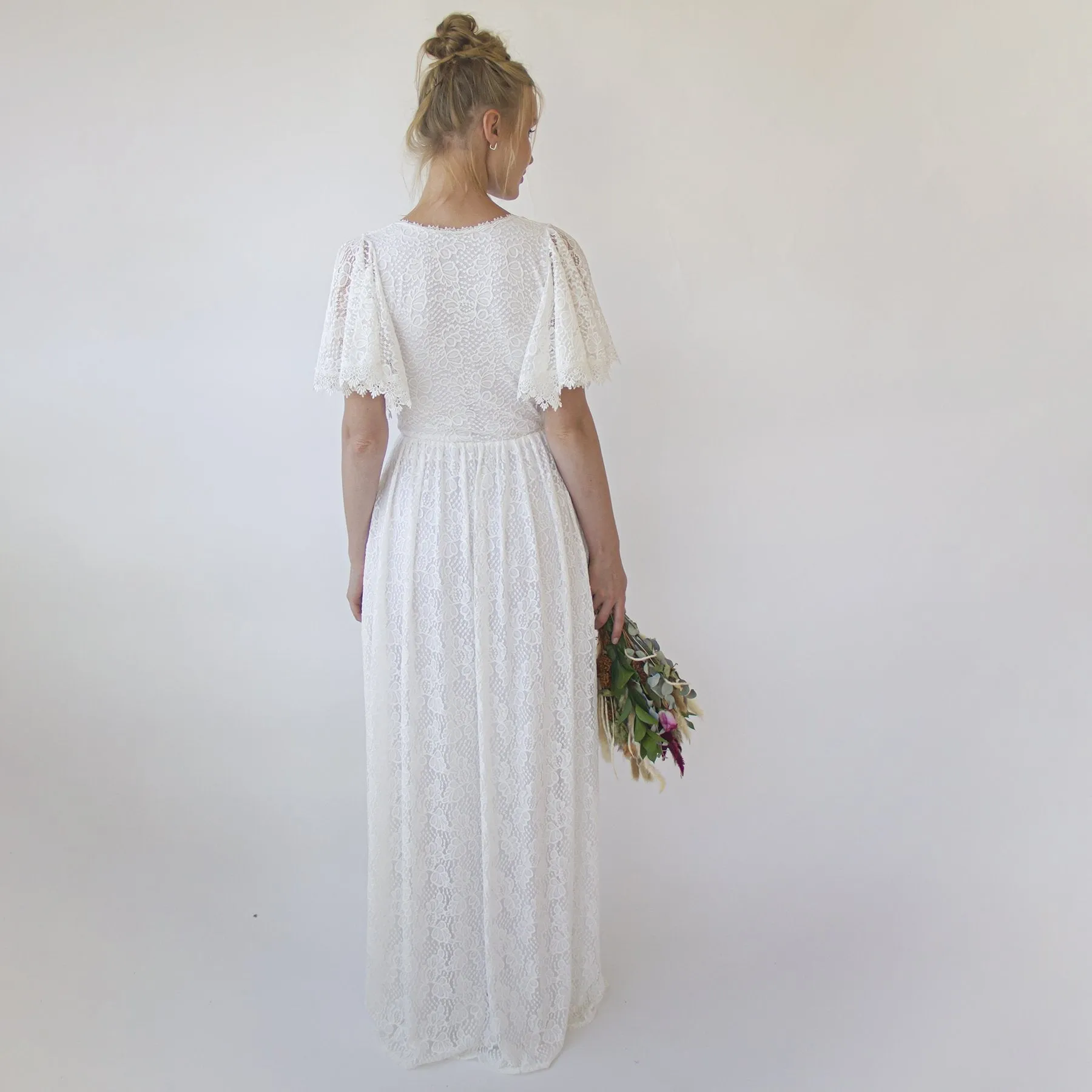 Ivory fairy lace bohemian wedding dress with pockets #1345
