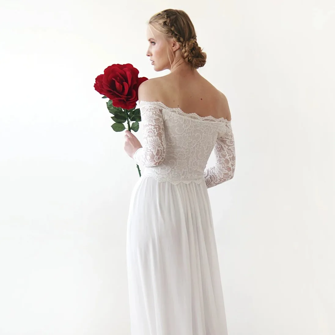 Ivory Off-The-Shoulder Lace & chiffon mesh Dress #1215