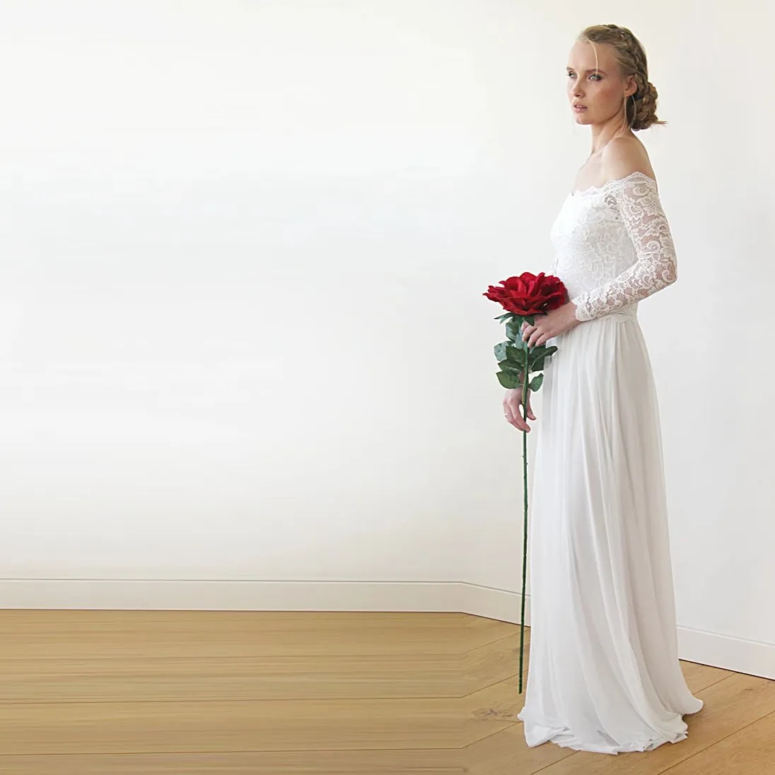 Ivory Off-The-Shoulder Lace & chiffon mesh Dress #1215