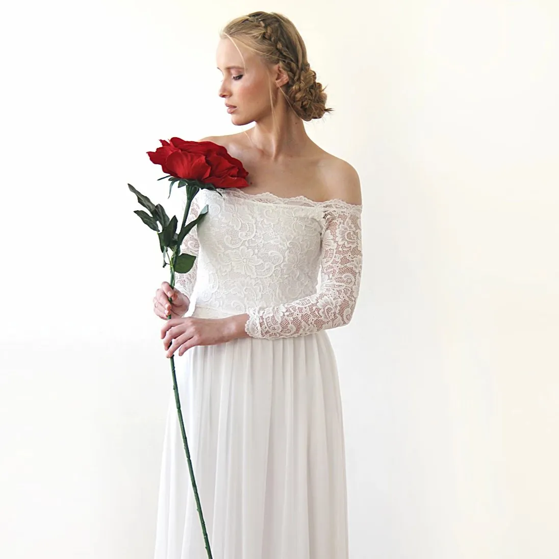 Ivory Off-The-Shoulder Lace & chiffon mesh Dress #1215