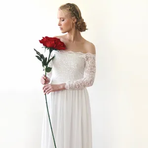 Ivory Off-The-Shoulder Lace & chiffon mesh Dress #1215