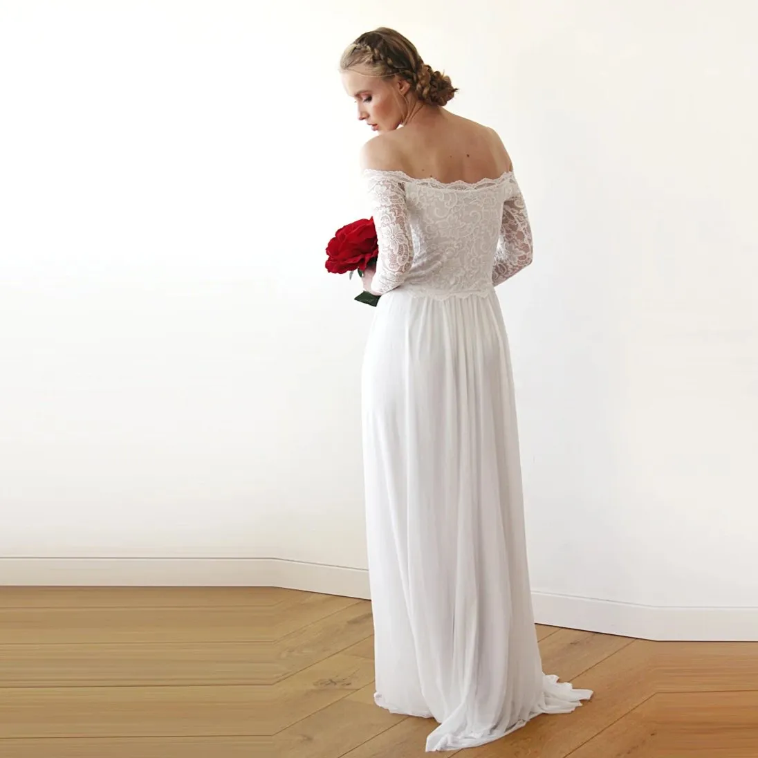 Ivory Off-The-Shoulder Lace & chiffon mesh Dress #1215