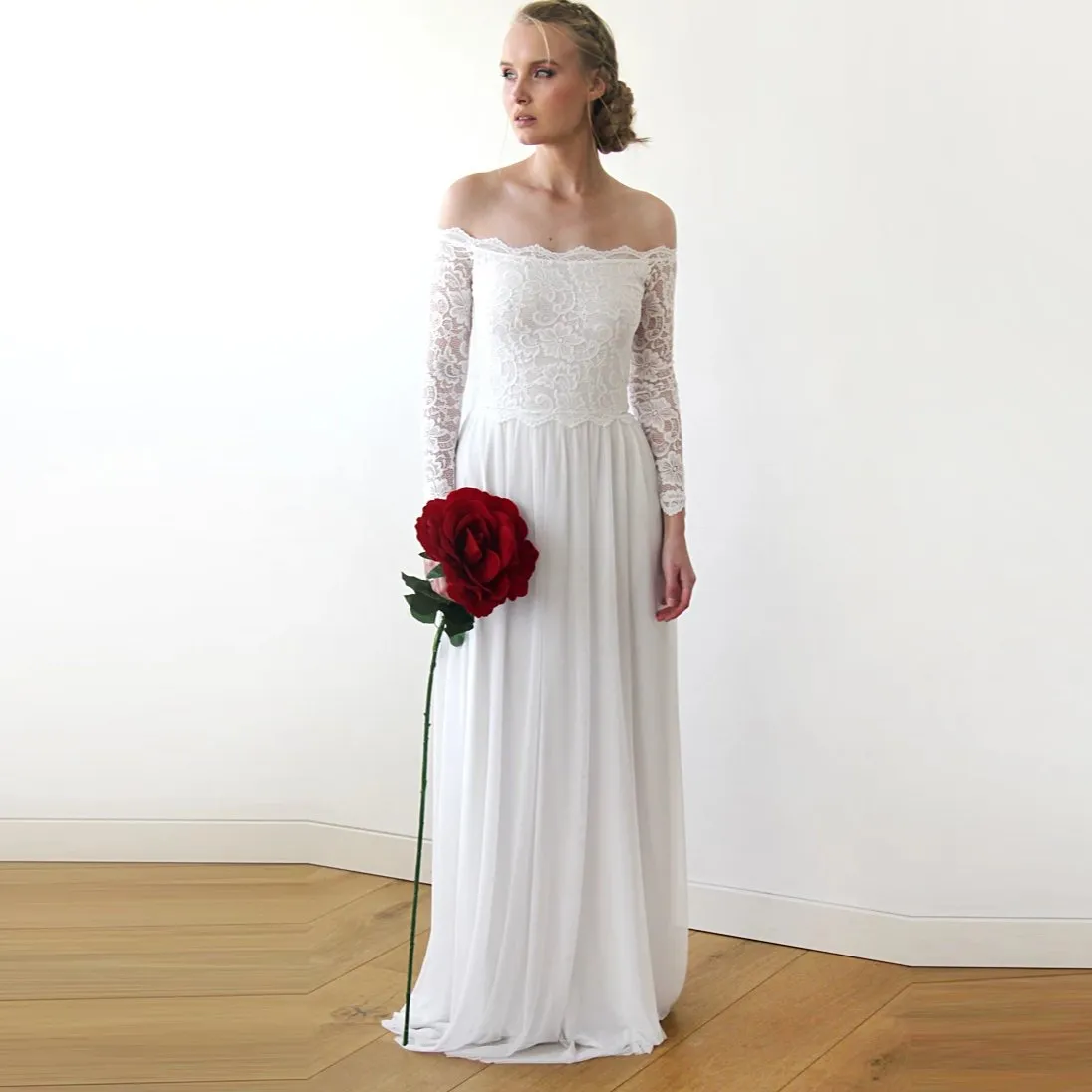 Ivory Off-The-Shoulder Lace & chiffon mesh Dress #1215