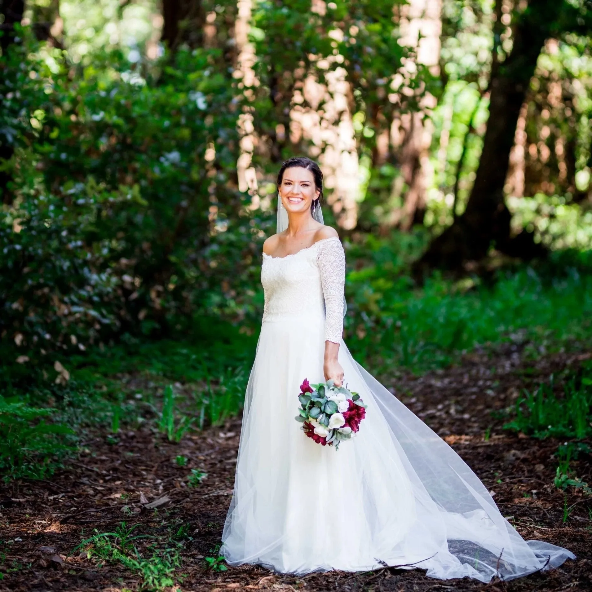 Ivory Off-The-Shoulder Lace & Tulle Train Dress #1162