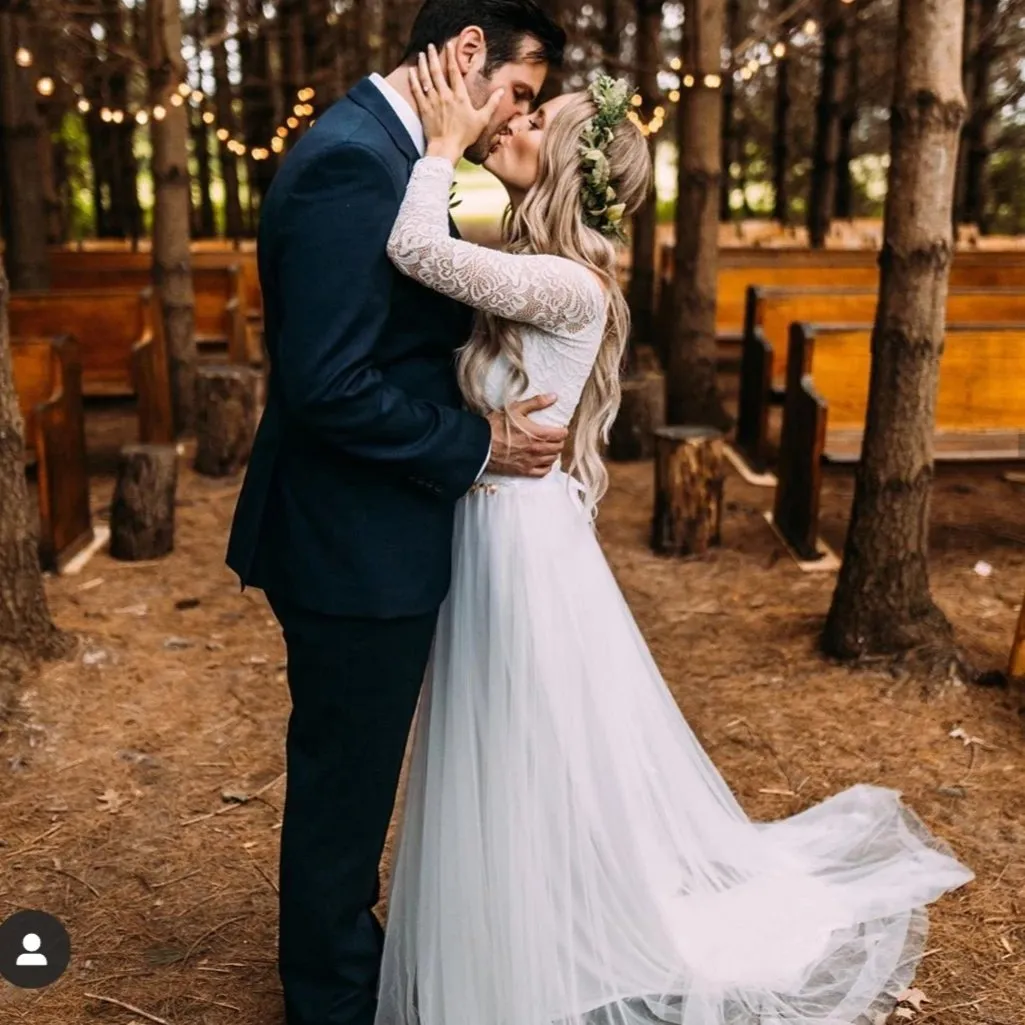 Ivory Off-The-Shoulder Lace & Tulle Train Dress #1162