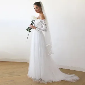 Ivory Off-The-Shoulder Lace & Tulle Train Dress #1162