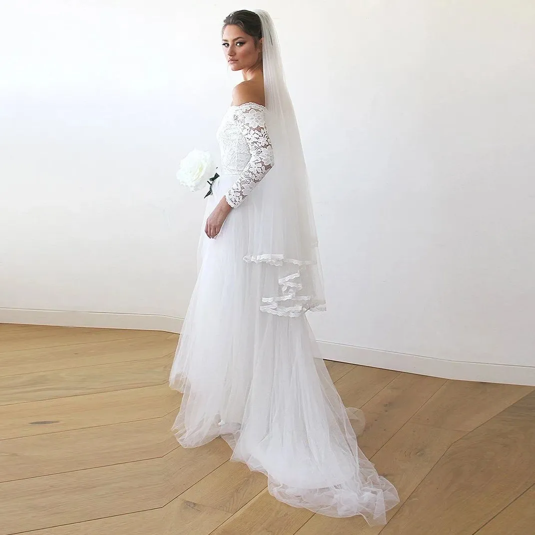 Ivory Off-The-Shoulder Lace & Tulle Train Dress #1162