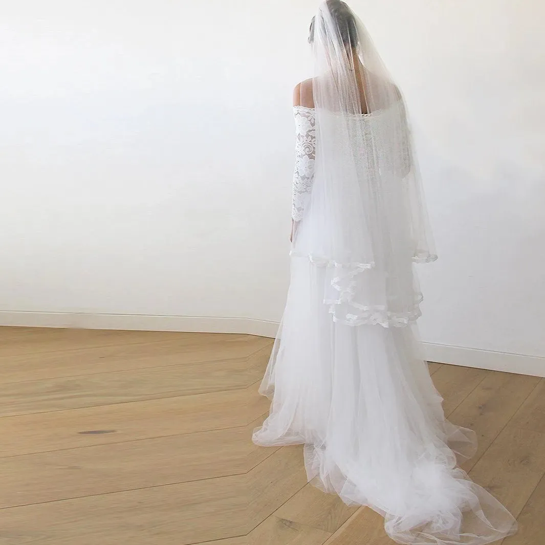 Ivory Off-The-Shoulder Lace & Tulle Train Dress #1162