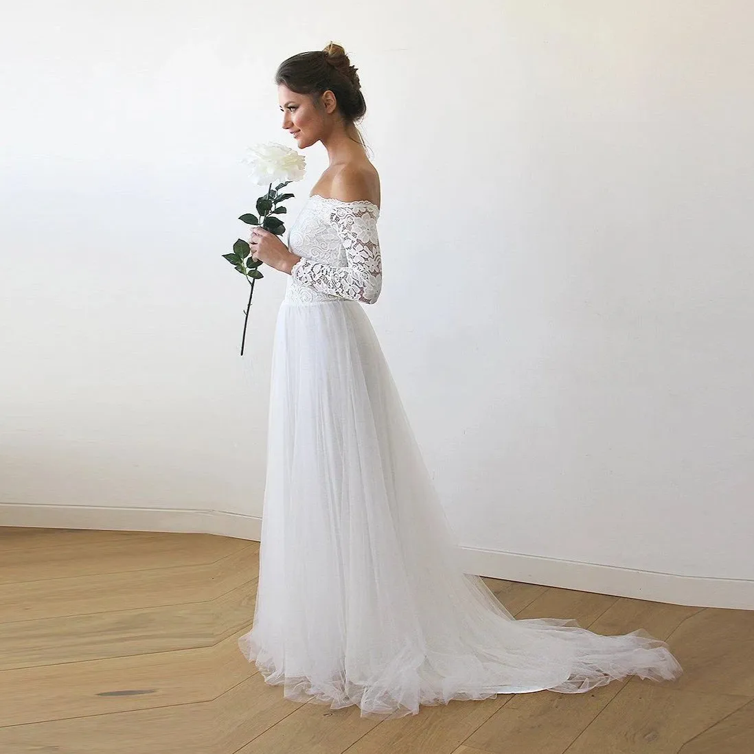 Ivory Off-The-Shoulder Lace & Tulle Train Dress #1162