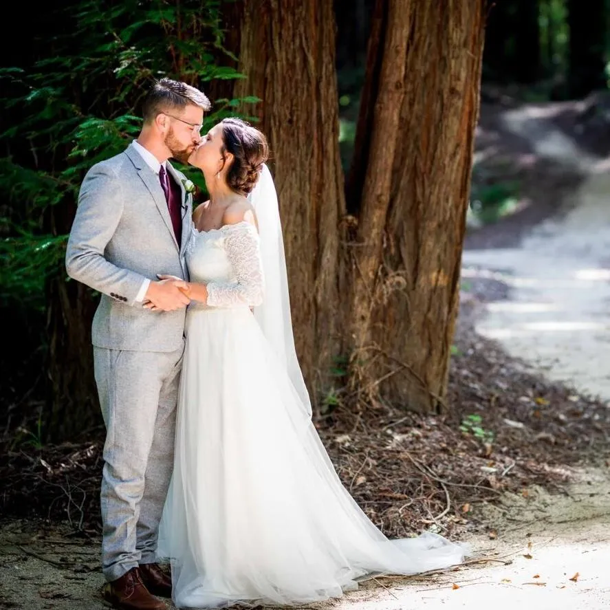 Ivory Off-The-Shoulder Lace & Tulle Train Dress #1162