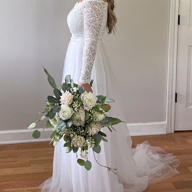 Ivory Off-The-Shoulder Lace & Tulle Train Dress #1162