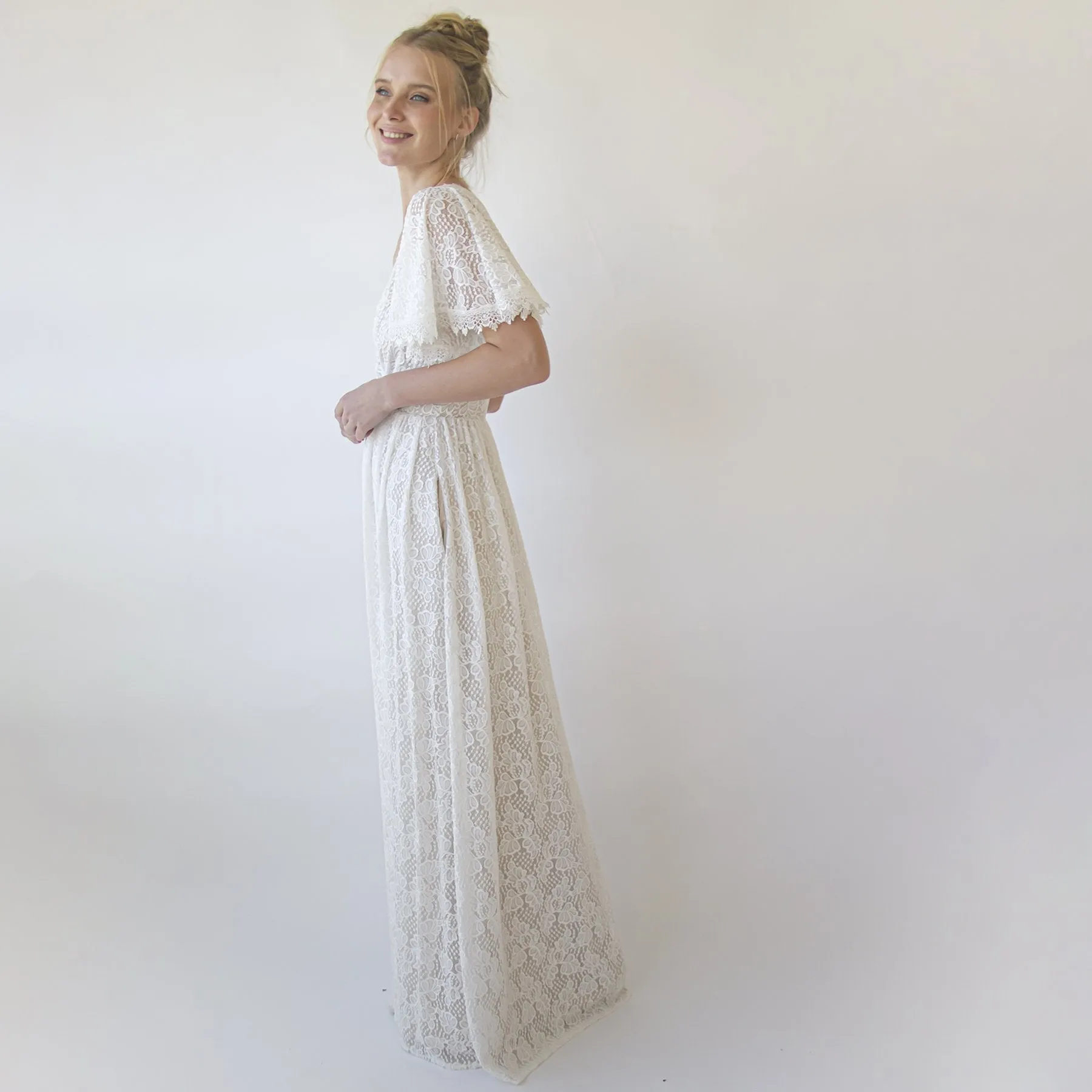 Ivory pearl lace bohemian wedding dress with pockets #1345