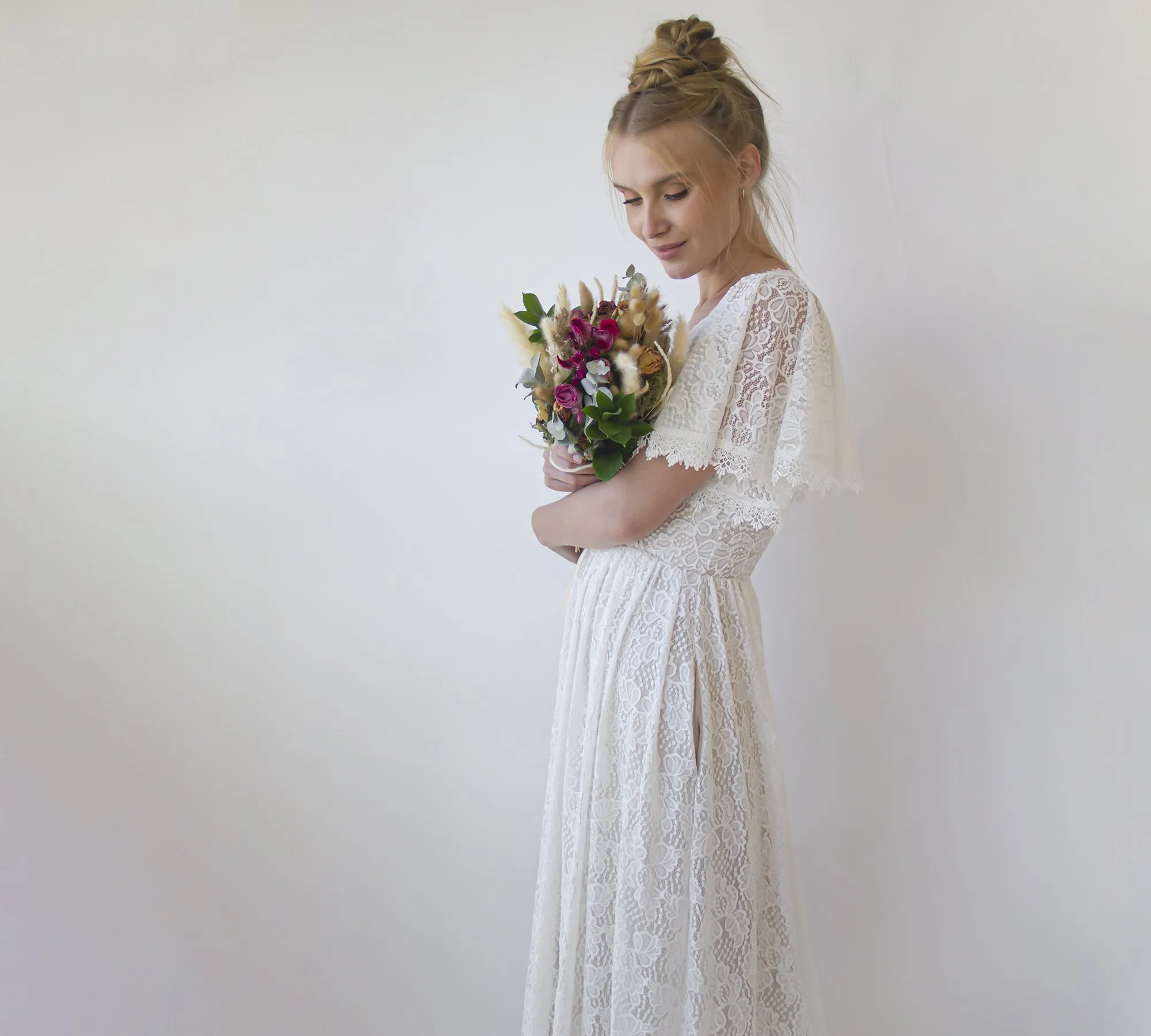 Ivory pearl lace bohemian wedding dress with pockets #1345