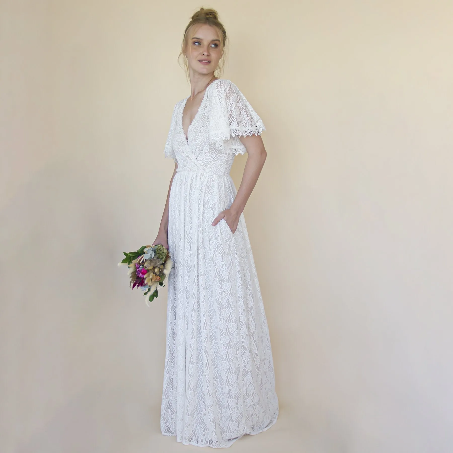 Ivory pearl lace bohemian wedding dress with pockets #1345