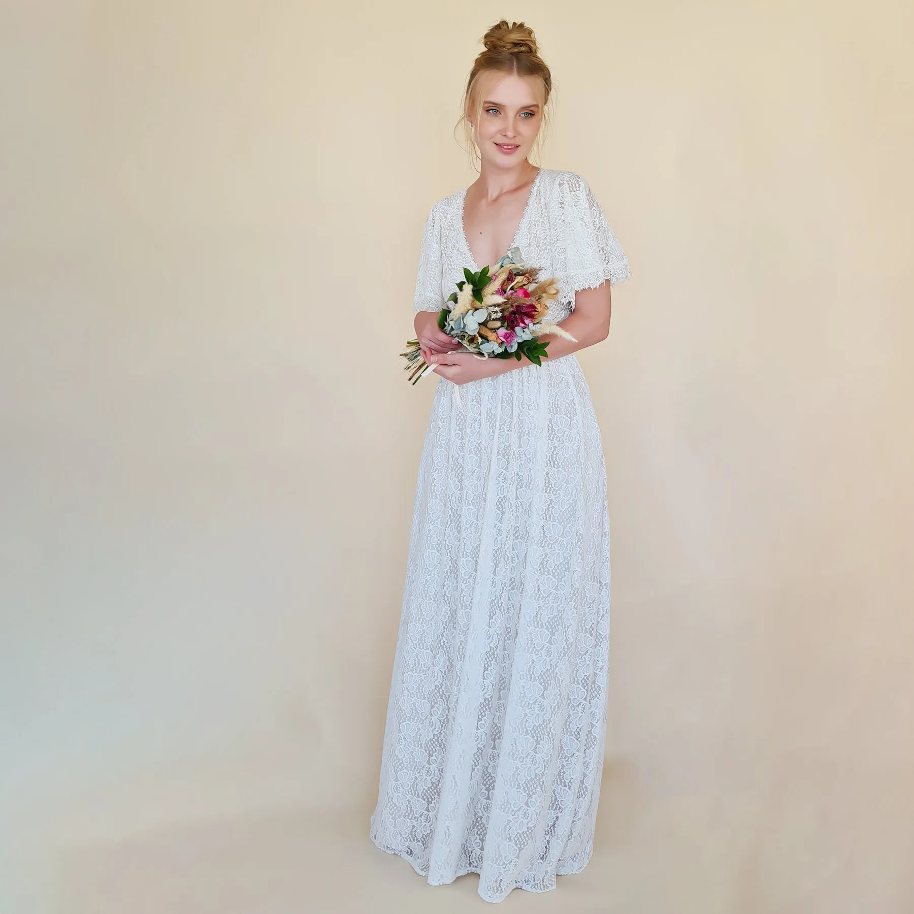 Ivory pearl lace bohemian wedding dress with pockets #1345