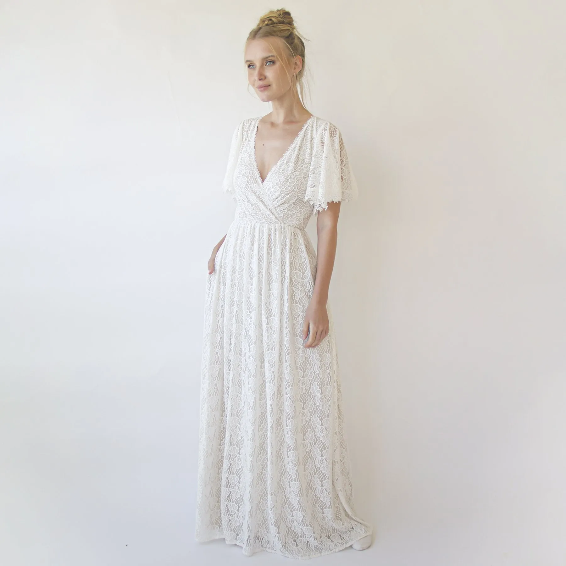 Ivory pearl lace bohemian wedding dress with pockets #1345