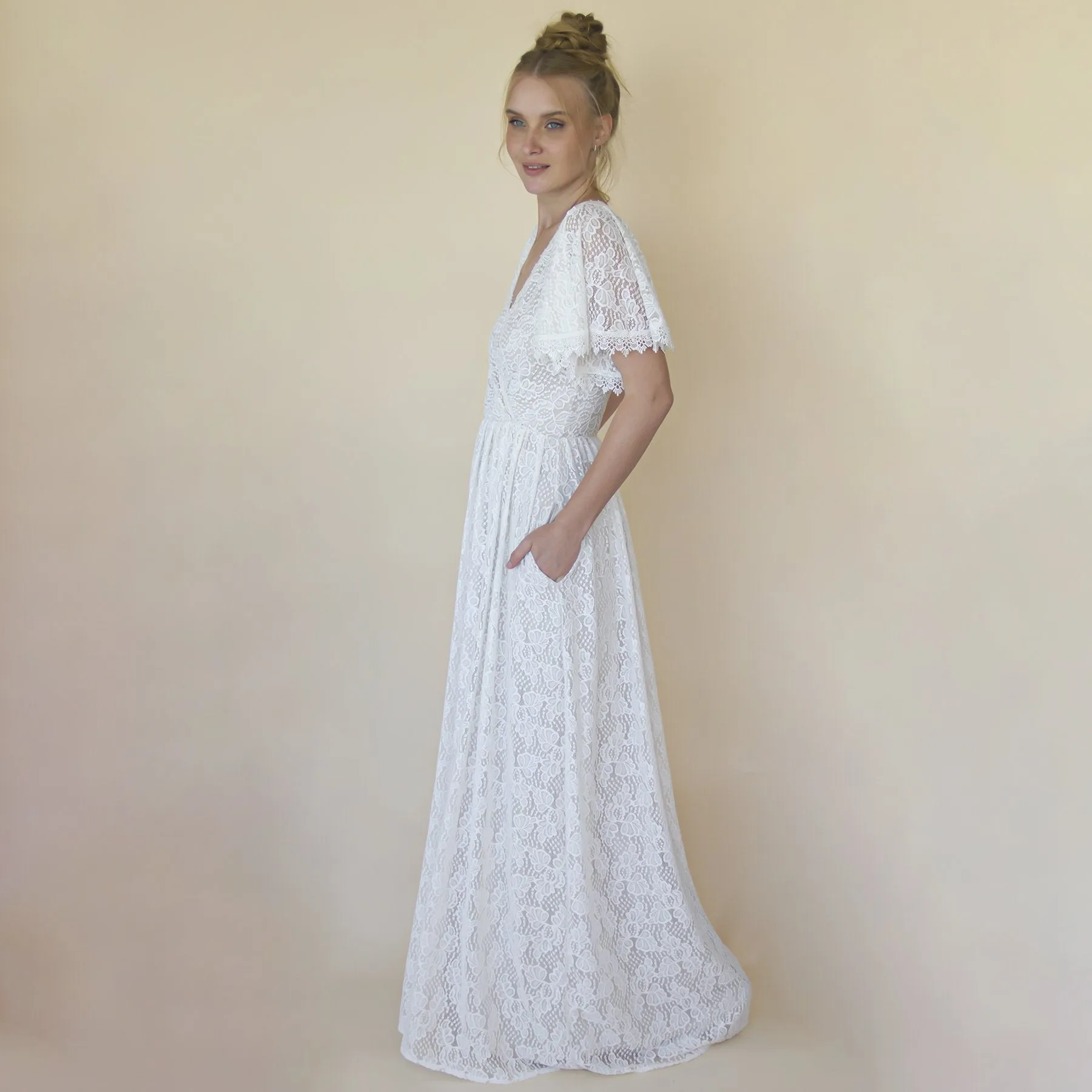 Ivory pearl lace bohemian wedding dress with pockets #1345
