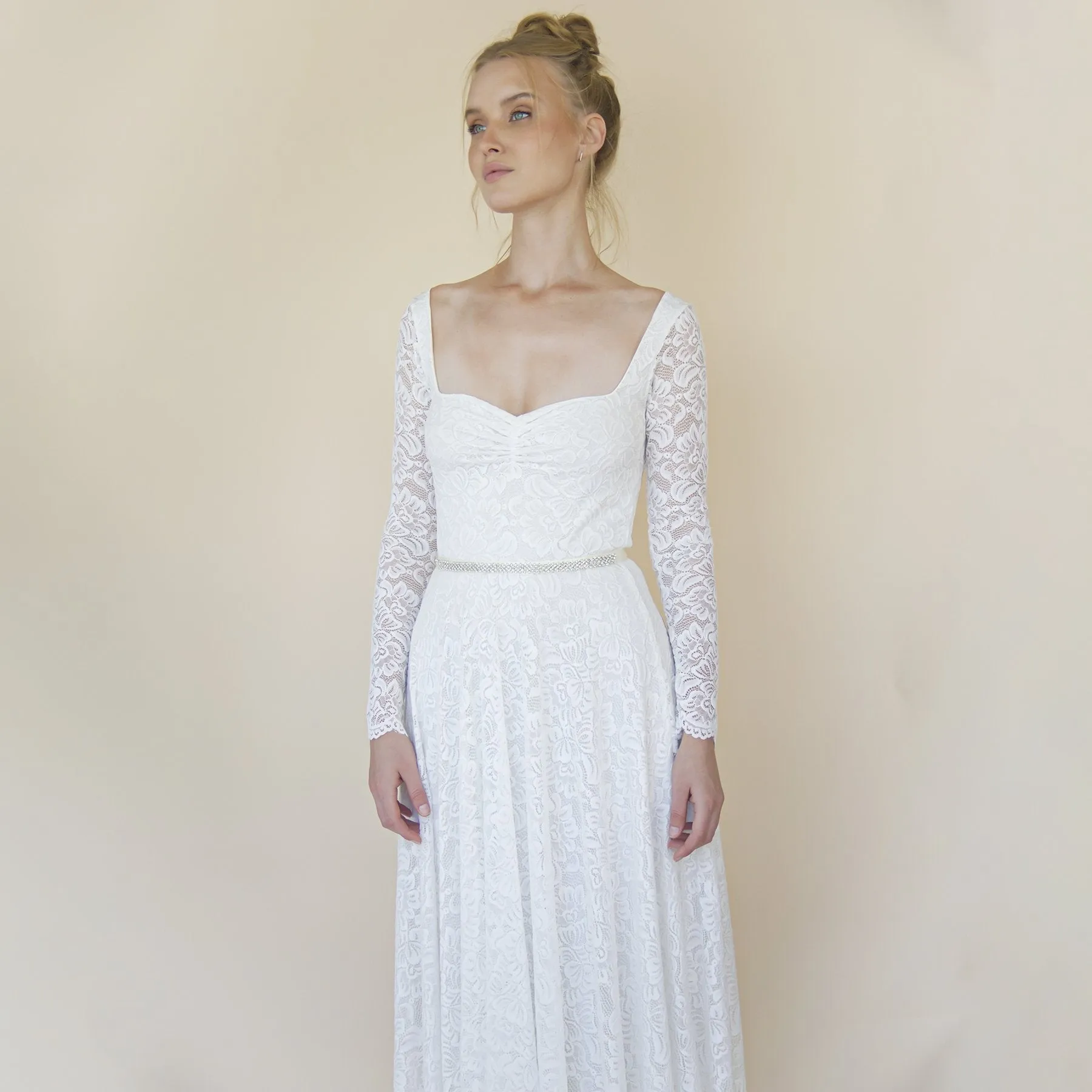 Ivory Sweetheart Lace Wedding Dress with Long Sleeves #1361