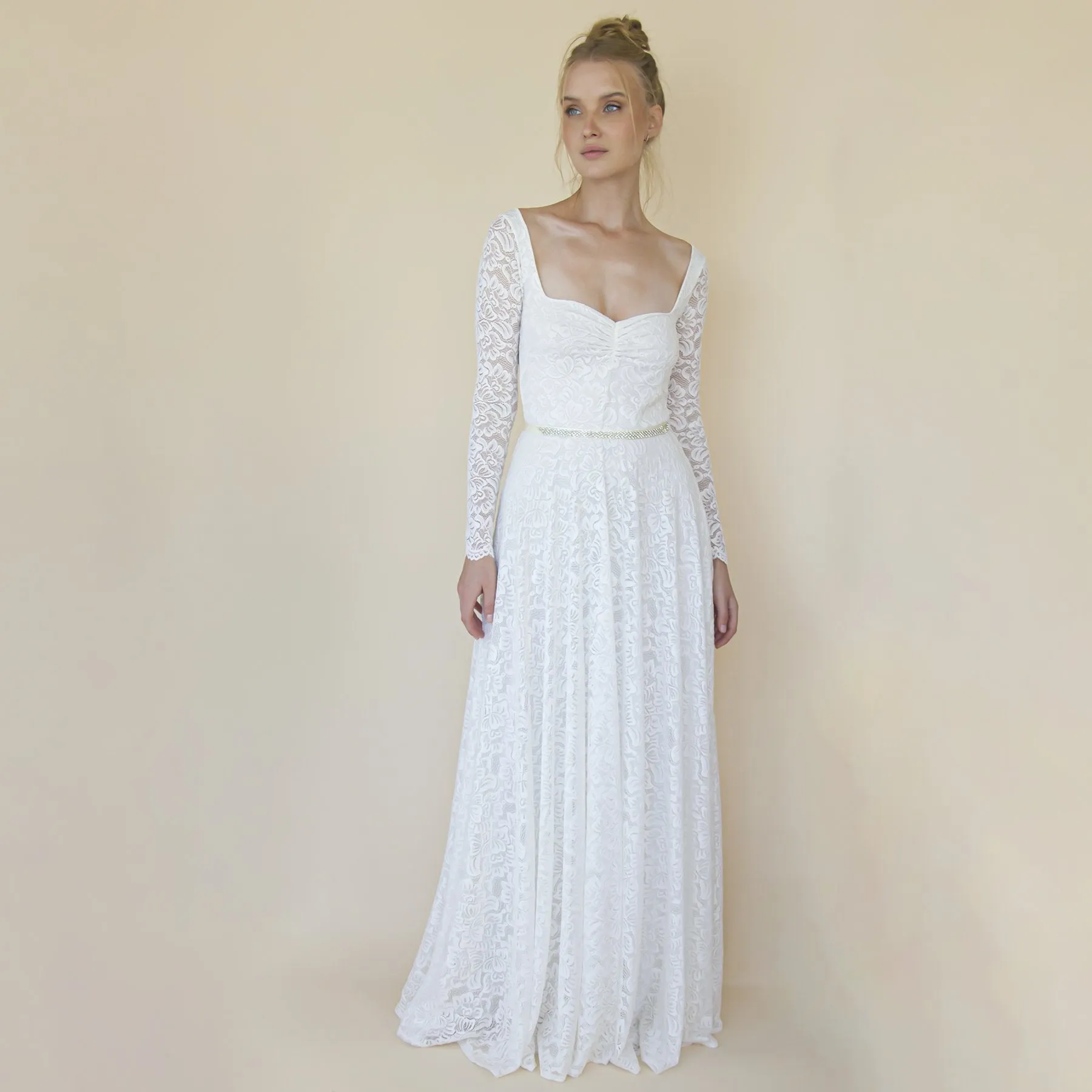 Ivory Sweetheart Lace Wedding Dress with Long Sleeves #1361