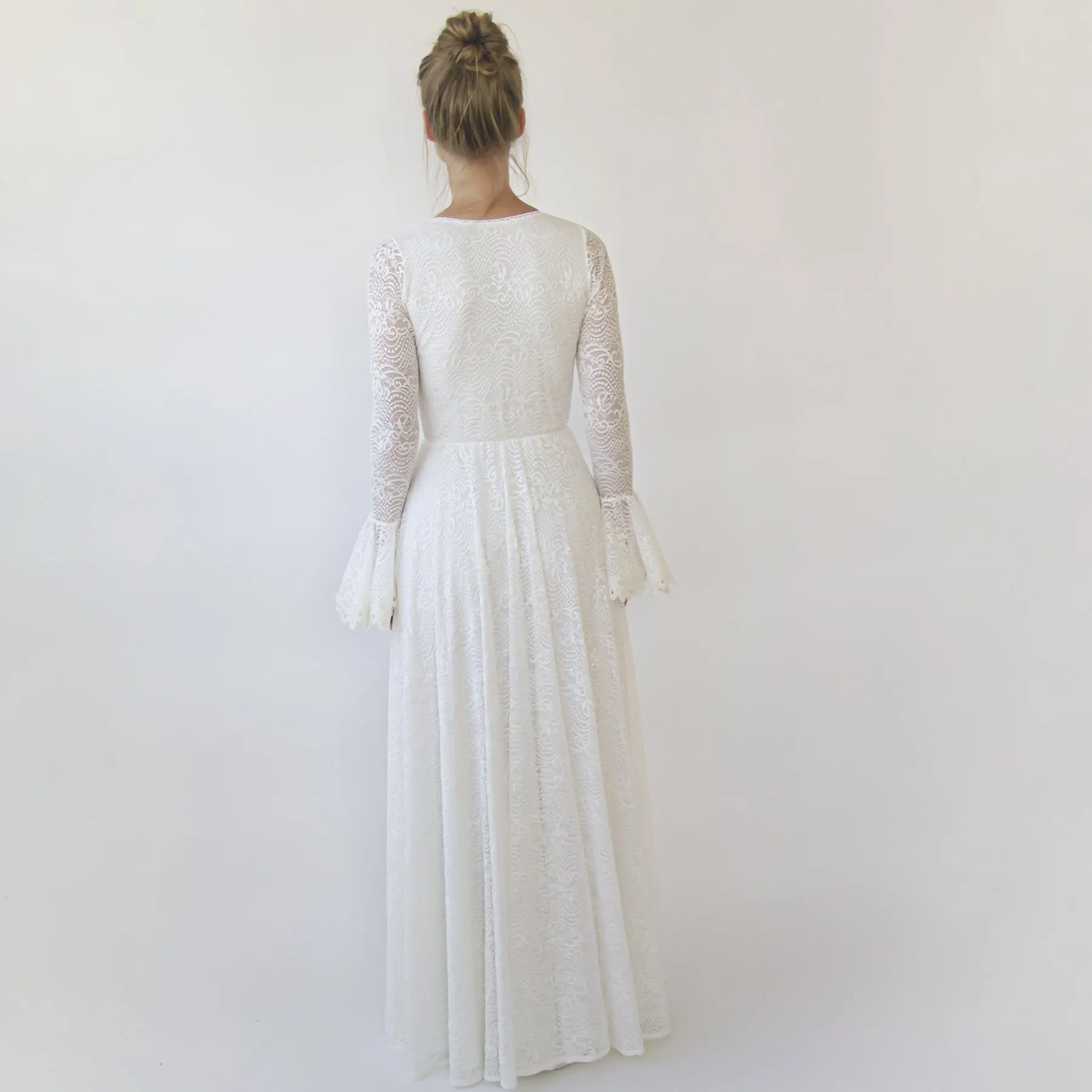 Ivory wrap lace wedding dress with long poet sleeves #1364